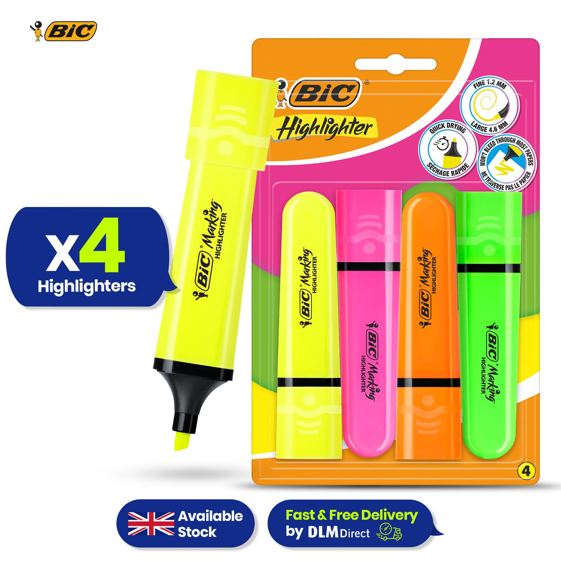 BIC 4x Marking Highlighter Flat Marker Assorted Neon Modular Tip for Precise Highlighting
