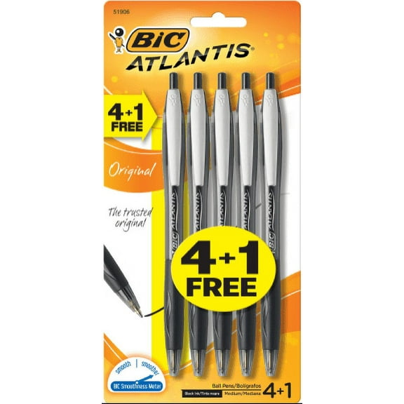 BIC Atlantis Original Retractable Ball Pen, Black, 4+1 Pack