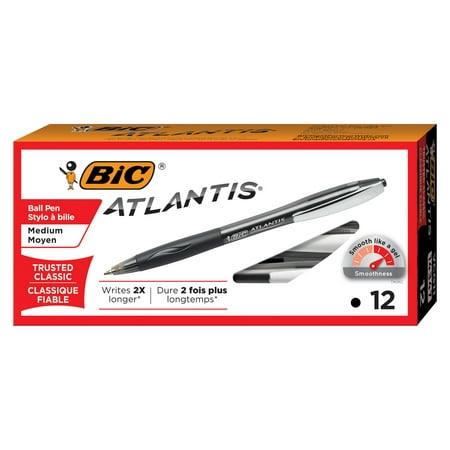 BIC Atlantis Original Retractable Ballpoint Pen, Medium Point (1.0mm), Black, 12 Count