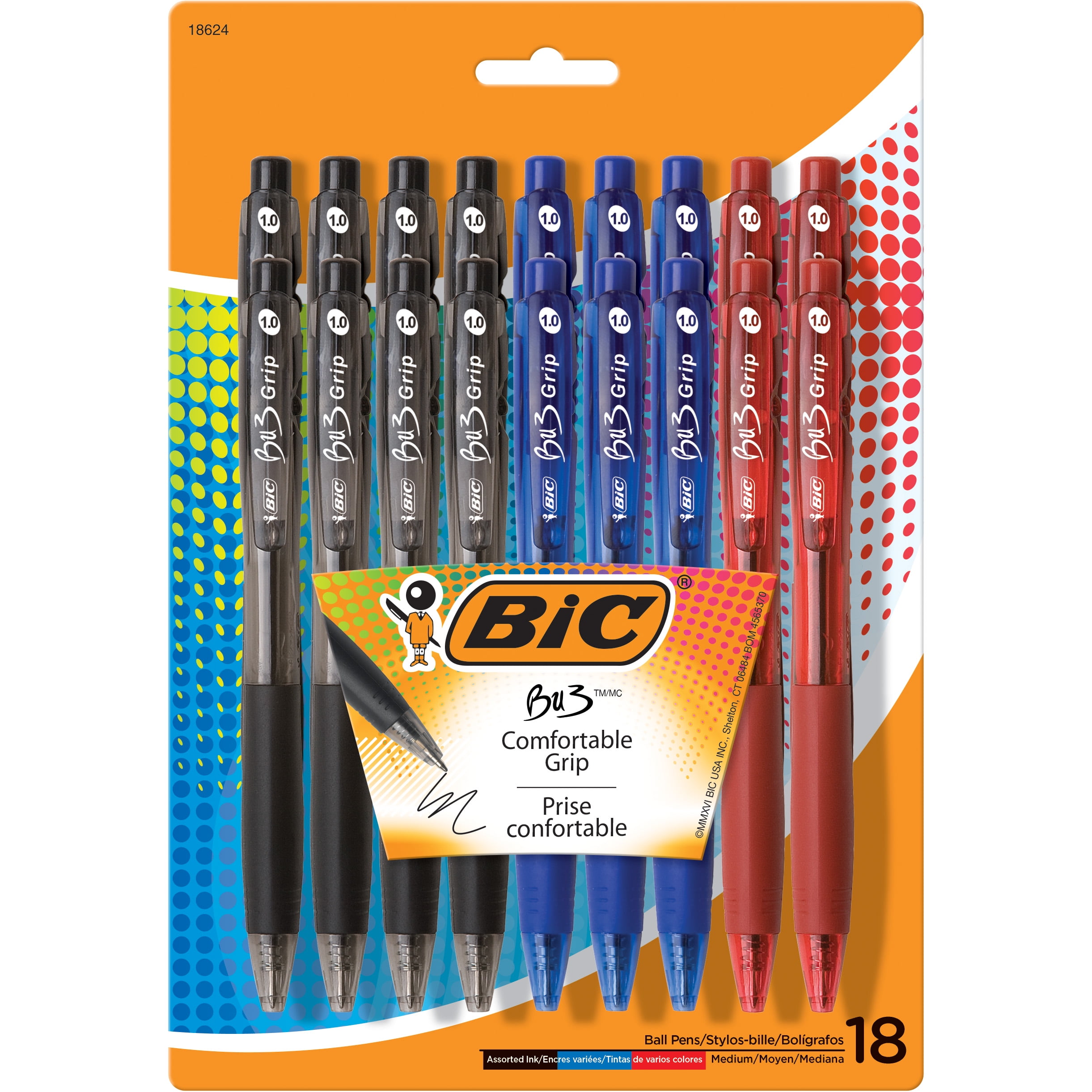 BIC BU3 Grip Retractable Ball Point Pens, Assorted, 18 Pack