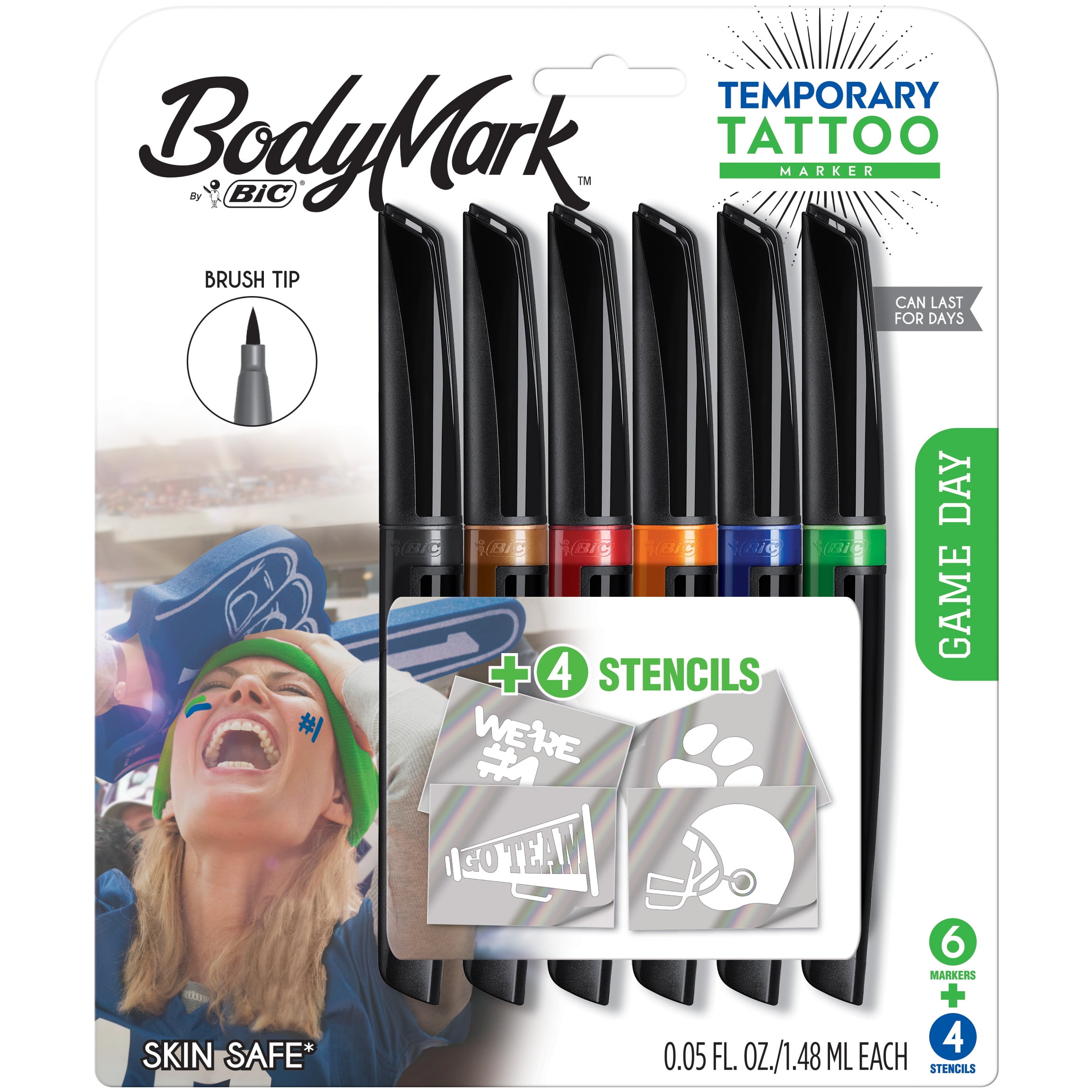 BIC Body Mark Temporary Tattoo Art Markers with Brush Tip, Game Day  Edition, Assorted Colors, Pack of 6 Markers + 4 Tattoo Stencils Included 