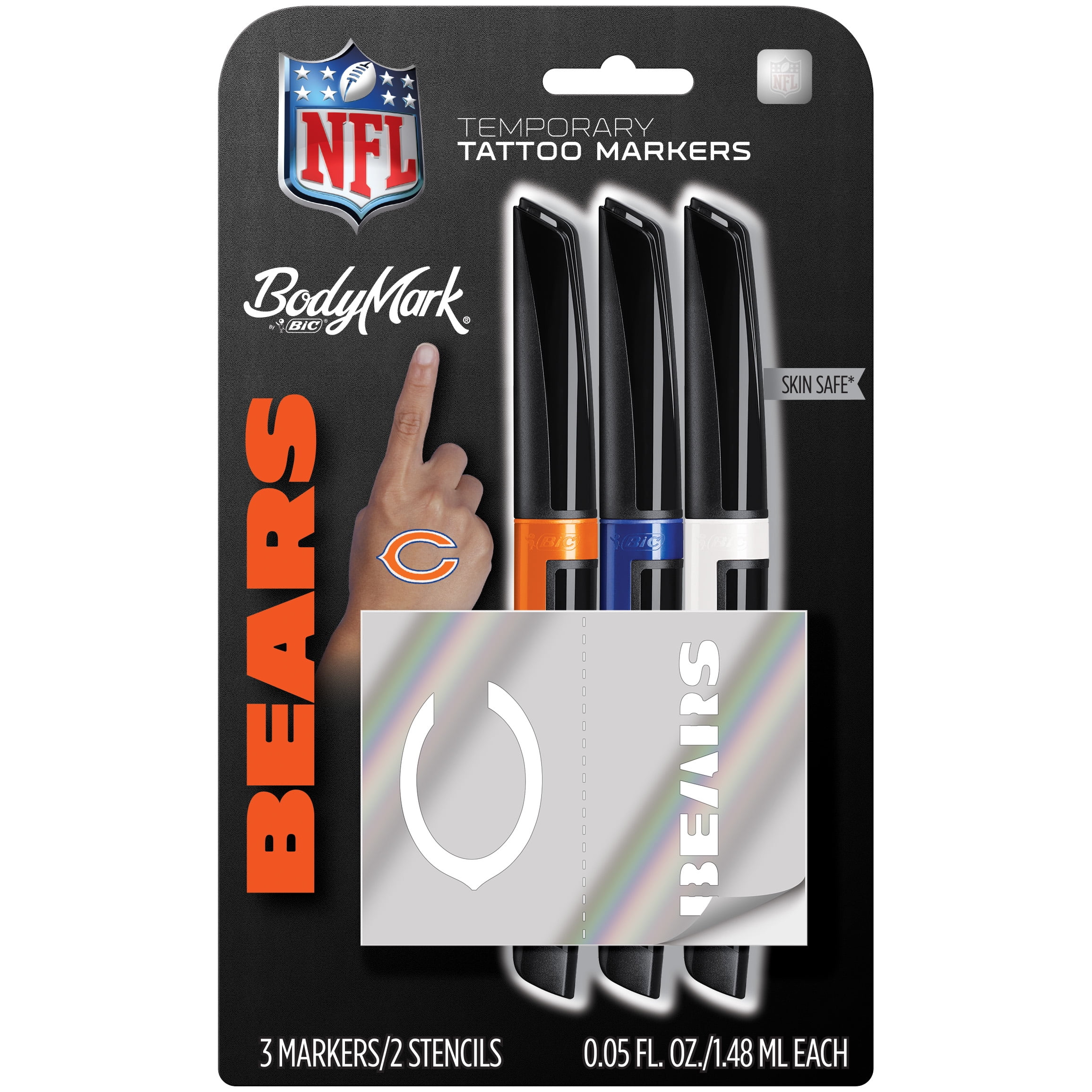 BIC BodyMark Temporary Tattoo Art Markers, NFL - Bears, 3 Markers + 2 Stencils