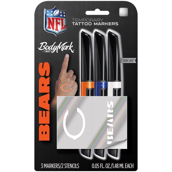 BIC BodyMark Temporary Tattoo Art Markers, NFL - Bears, 3 Markers + 2 Stencils