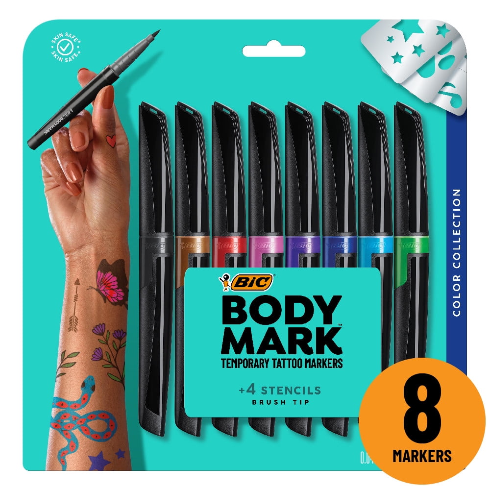 Anmmy Temporary Tattoo Markers for Skin, 16-Count Body Markers+77 Large  Tattoo Stencils of Assorted Colors for kids and Adults, Flexible Brush Tip