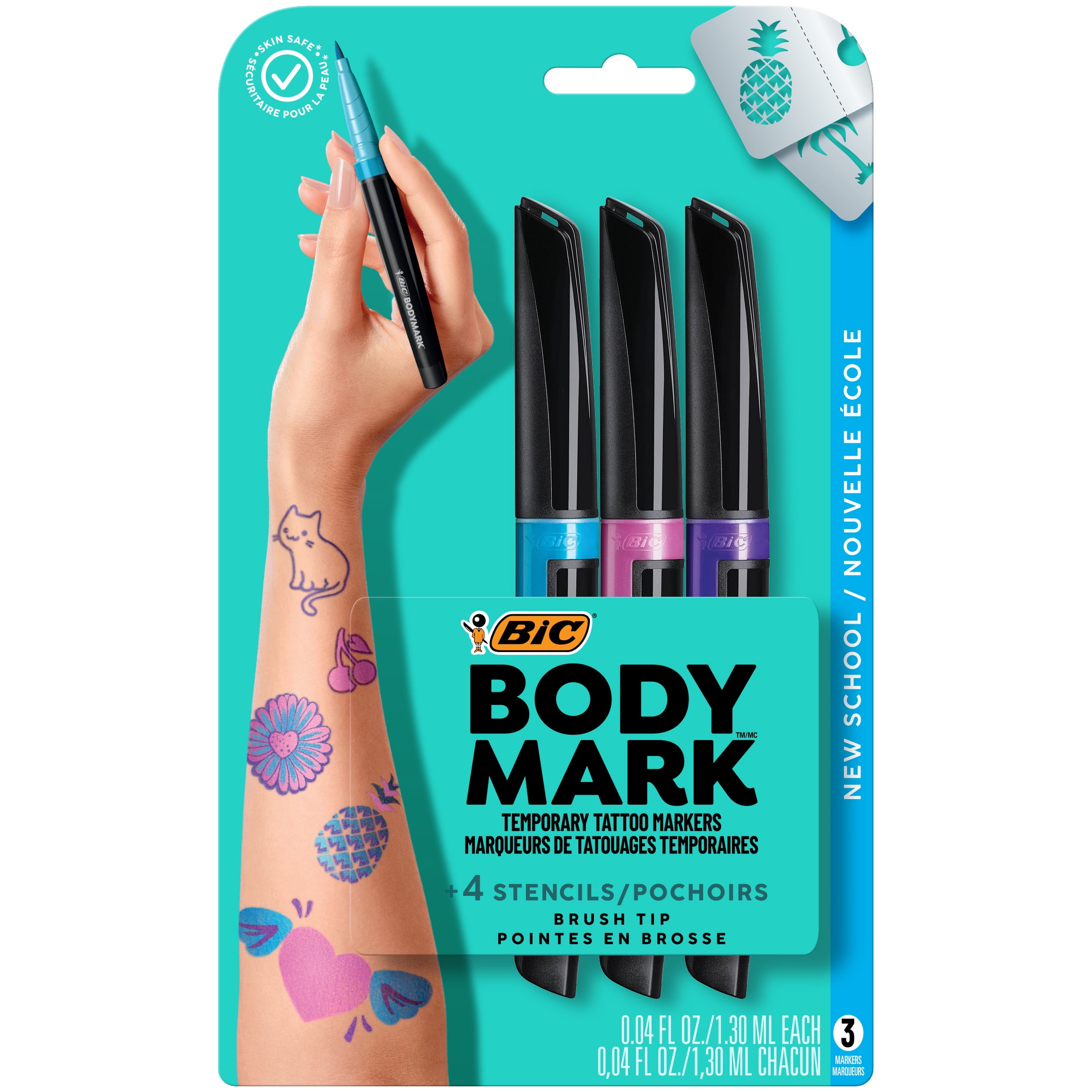 BodyMark by BIC Temporary Tattoo Markers and Stencil Sheets - Assorted  Colours, Pack of 8+3