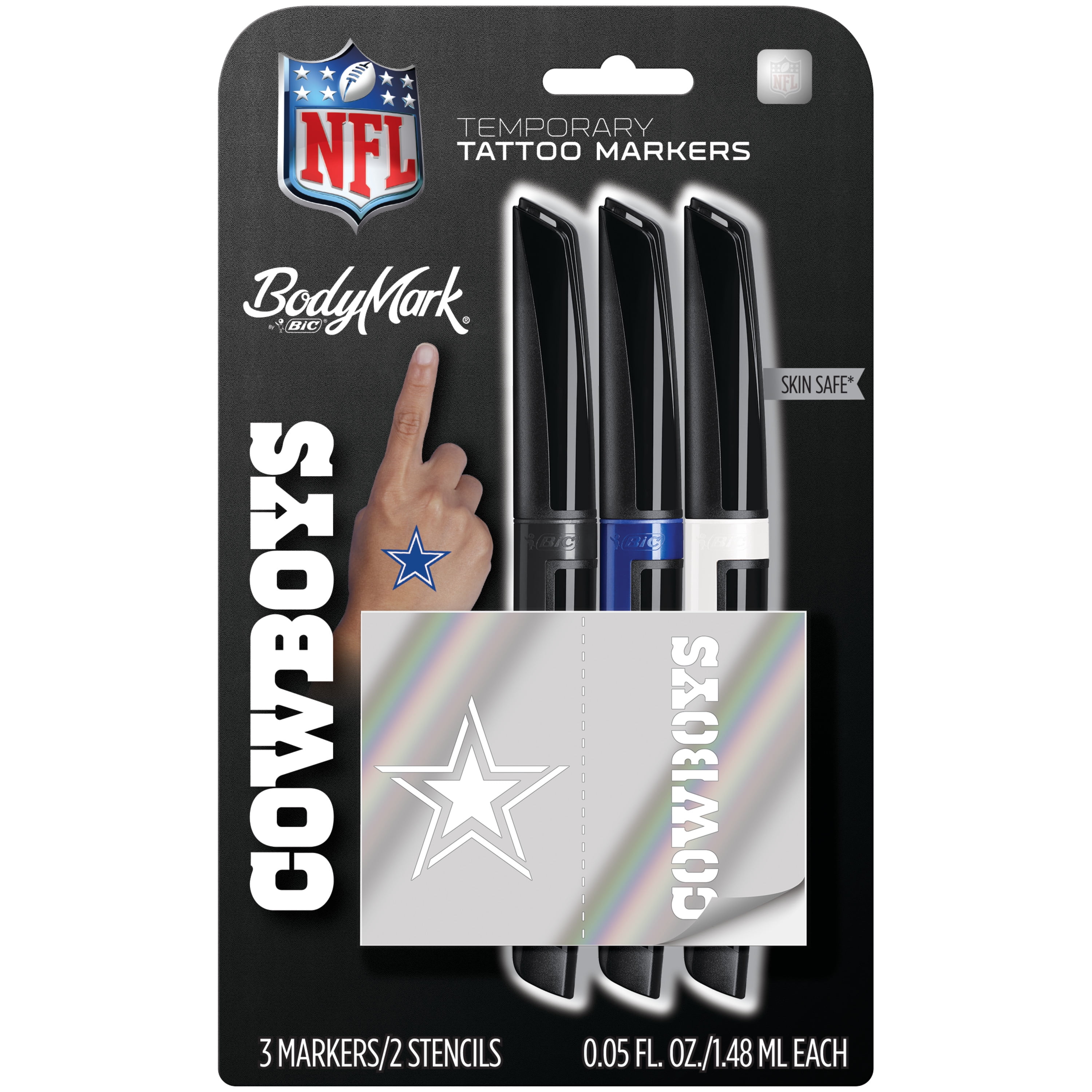 BIC BodyMark, Temporary Tattoo, NFL Series, Skin Safe, Cowboys, Assorted  Colors, 3 Pack with Stencils