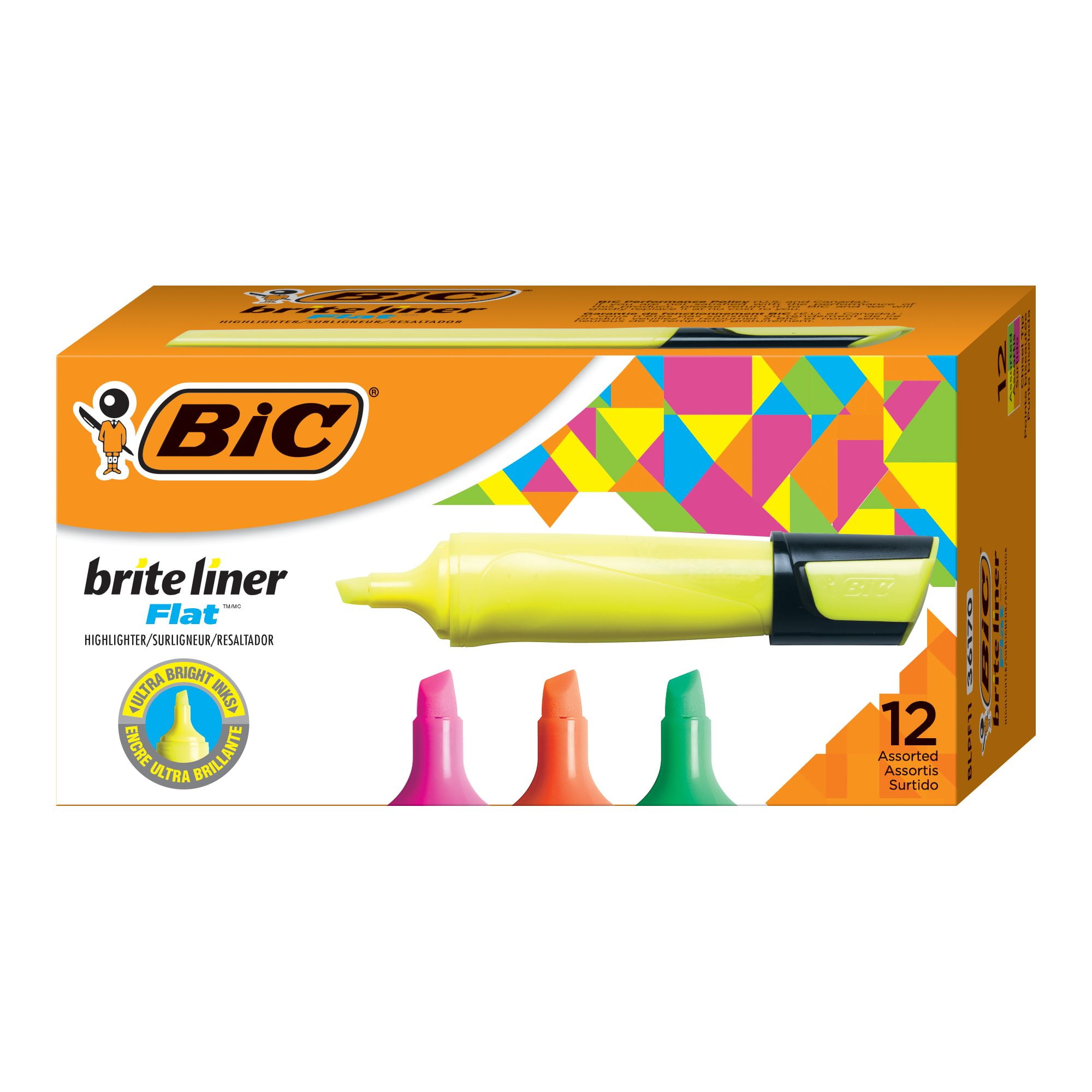 Bic Brite Liner Grip Pastel Highlighters, Assorted Colors, 12 Count