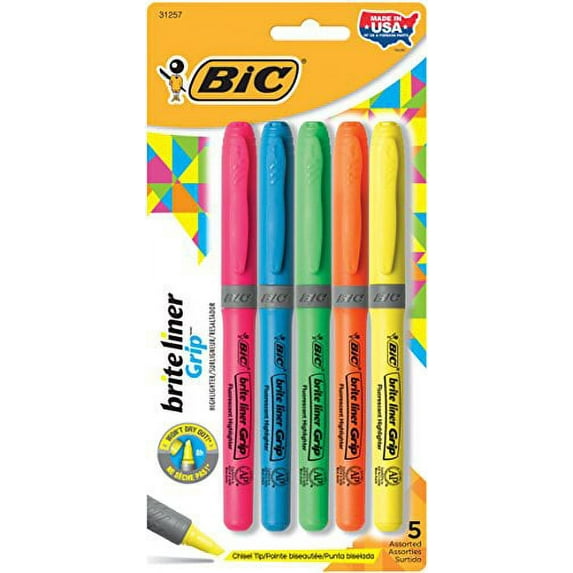 BIC Brite Liner Grip Highlighter, Chisel Tip, Assorted Colors, 5-Count
