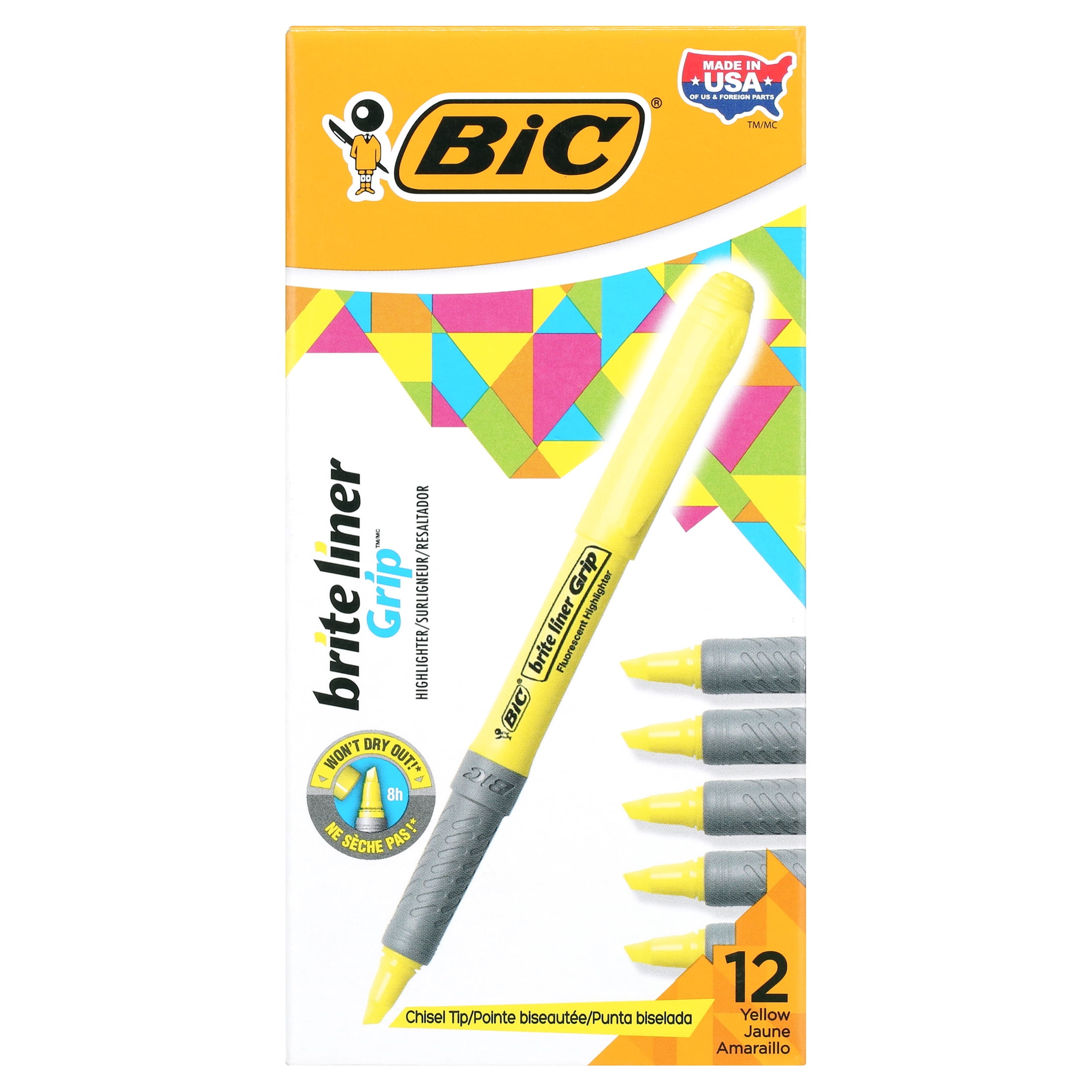 BIC Brite Liner Grip Highlighter, Chisel Tip, Rubber Grip, Fluorescent
