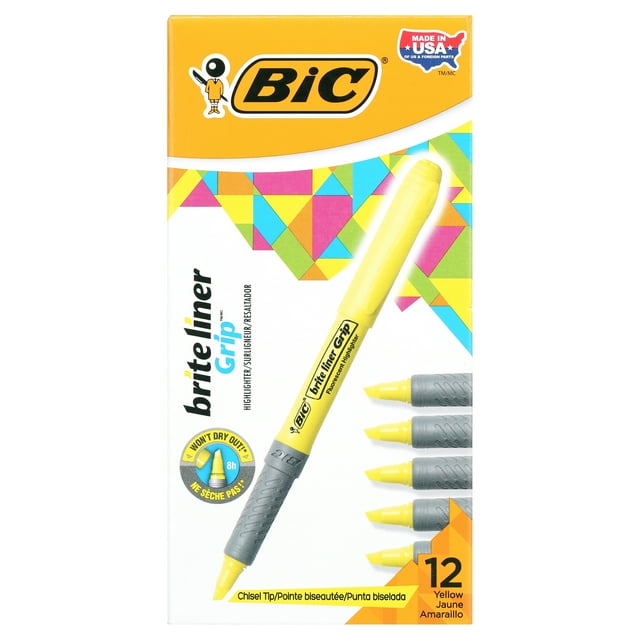 BIC Brite Liner Grip Highlighter, Chisel Tip, Rubber Grip, Fluorescent