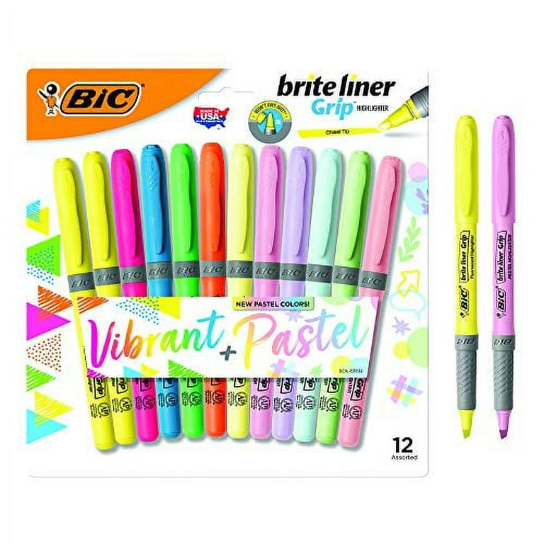 BIC GBLD11 36466 Brite Liner Grip Pastel Assorted Color Highlighters, Box  of 12