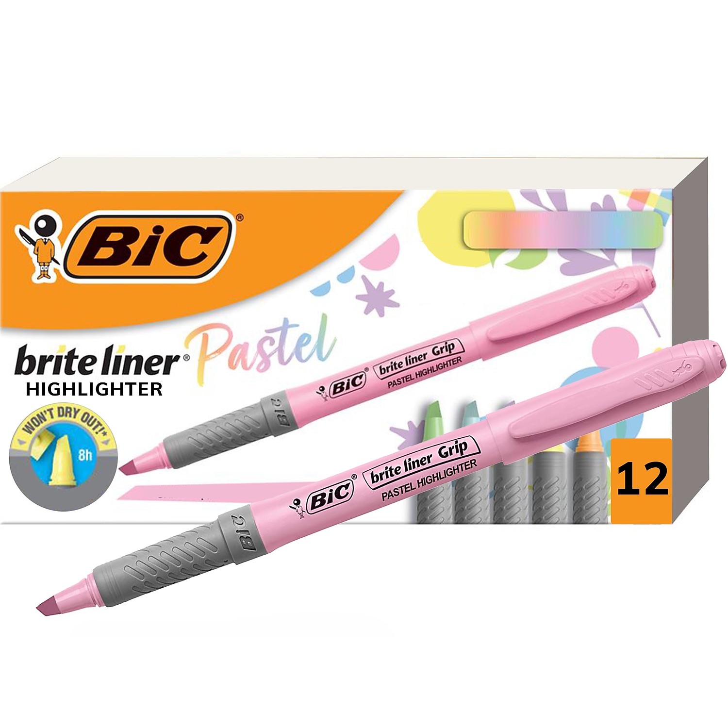 BIC Brite Liner Grip Pastel Highlighter, Chisel Tip, Assorted Colors, Pack of 12 - image 1 of 5