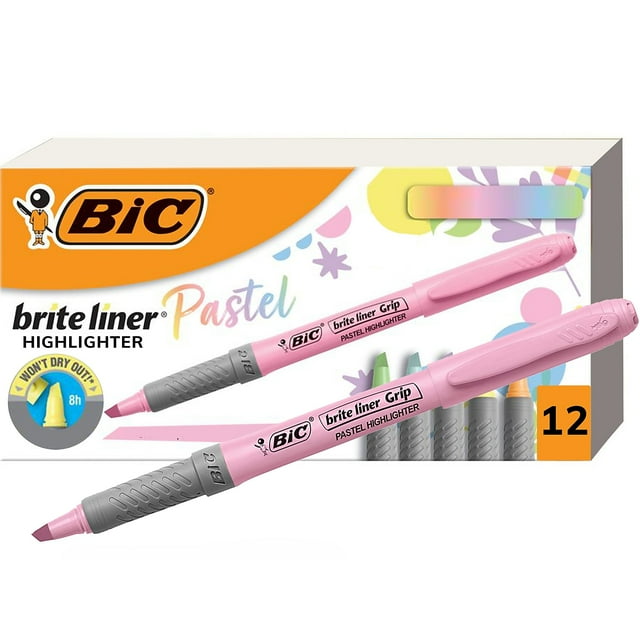 BIC Brite Liner Grip Pastel Highlighter, Chisel Tip, Assorted Colors, Pack of 12