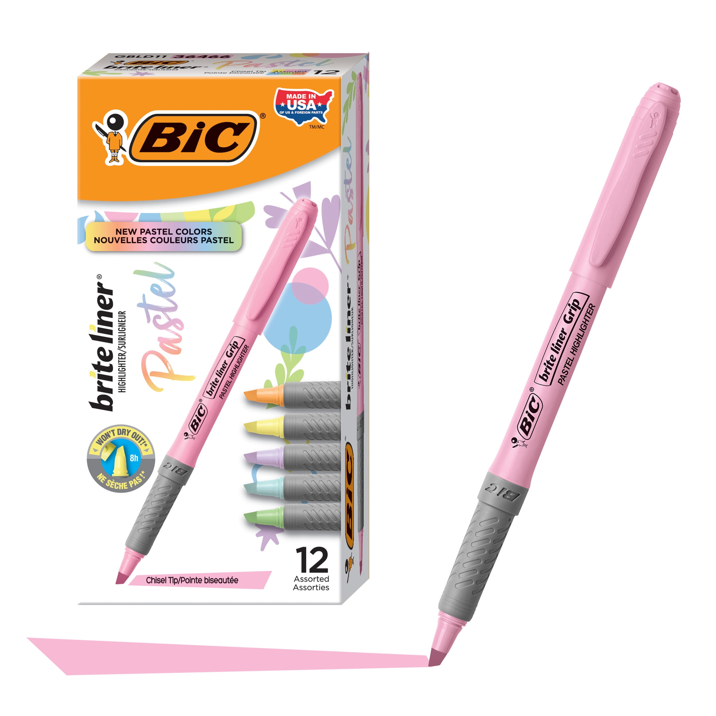 Bic Brite Liner Grip Pastel Highlighters, Assorted Colors, 12 Count