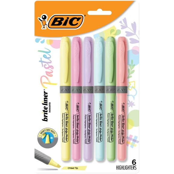 BIC Brite Liner Grip Pastel Highlighters, Chisel Point, Assorted Pastel Colors, 6 Count