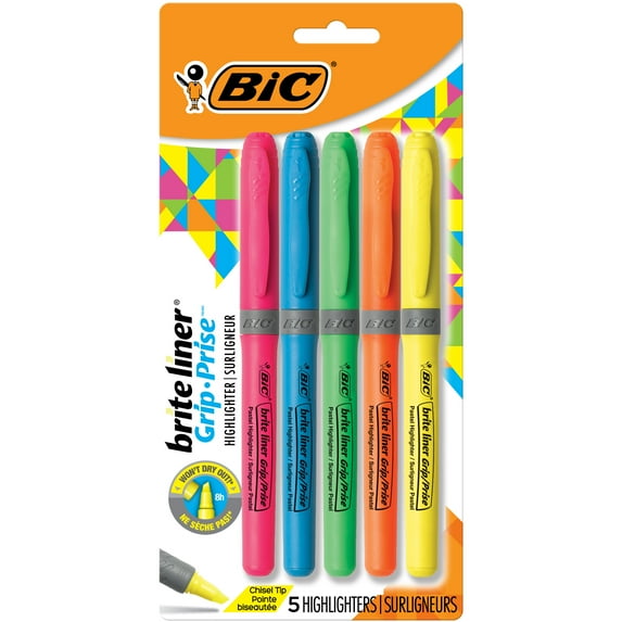 BIC Brite Liner Grip Pocket Highlighter, Chisel Tip, Assorted Colors, 5 Count