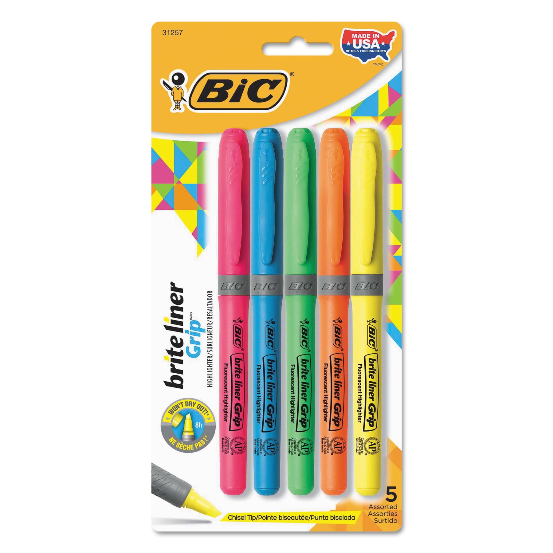 BIC Brite Liner Grip Highlighters, Assorted Colors - 5 count
