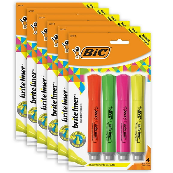 BIC Brite Liner Grip Tank Highlighter Chisel Tip Assorted Colors 4/Pack 6 Packs (BICBLMGP41ASST-6)