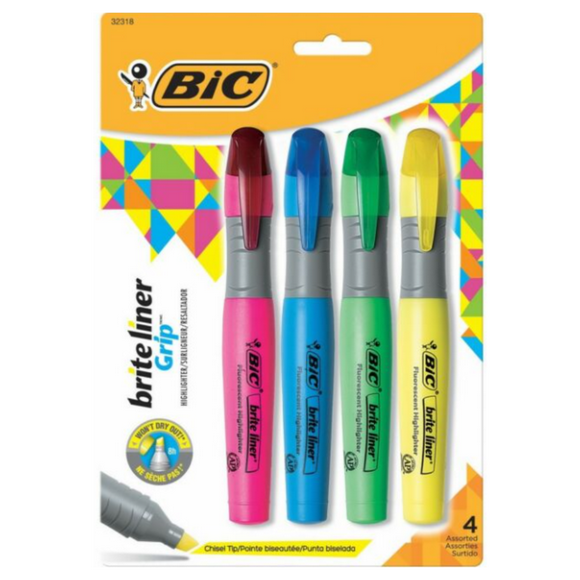 BIC Brite Liner Grip XL Highlighter - Chisel Marker Point Style - Fluorescent Assorted Ink With Clip-on pockets and Textured Rubber Grip- 4 Pack