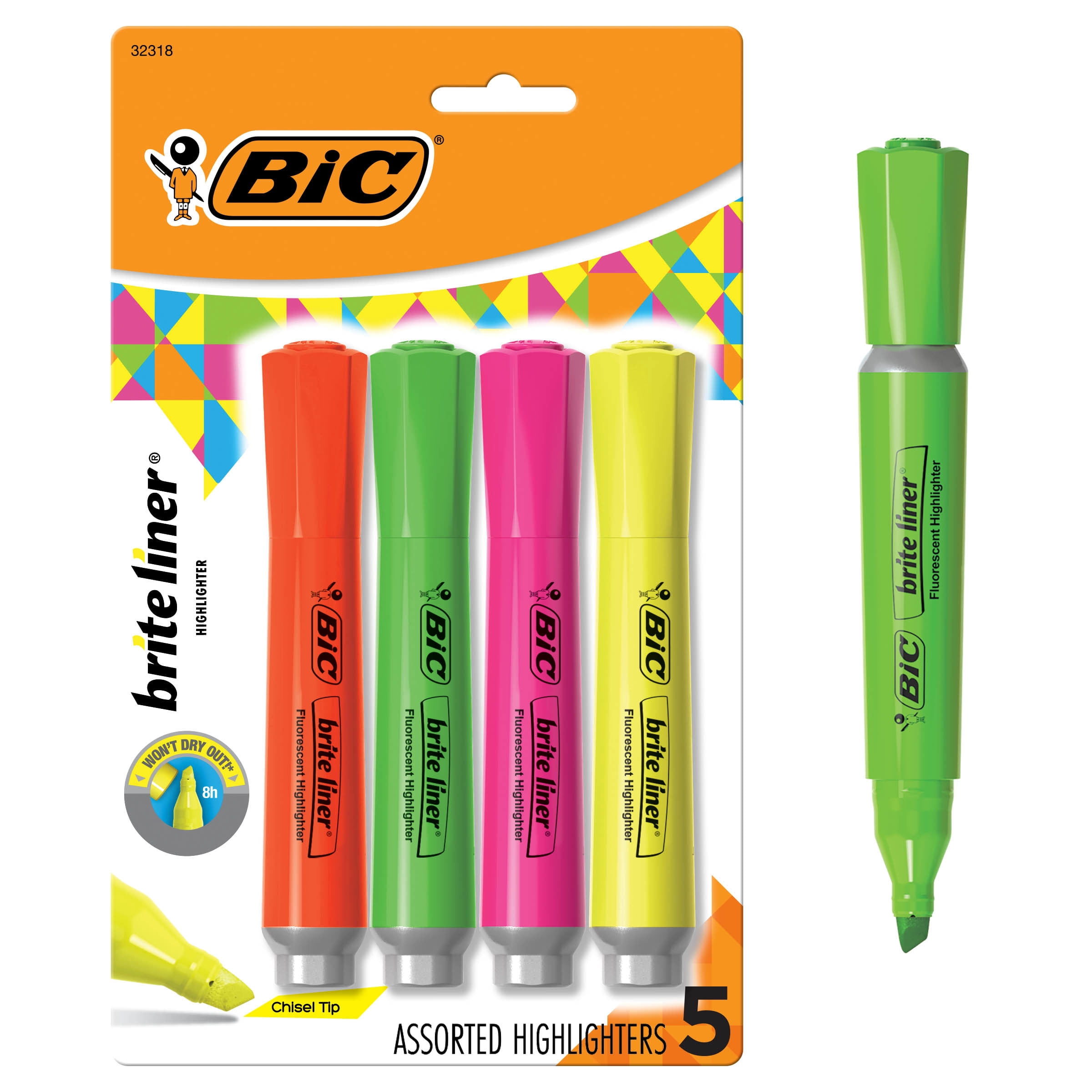 BIC Brite Liner Highlighter, Chisel Point, Assorted Colors,