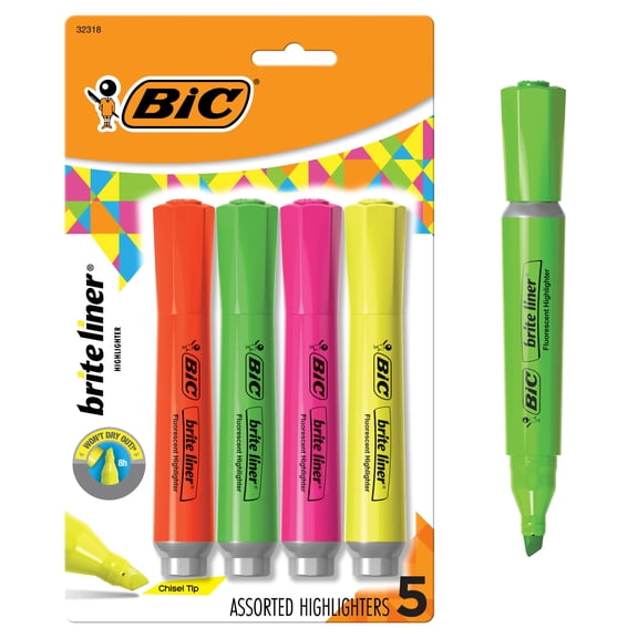 BIC Brite Liner Highlighter, Chisel Point, Assorted Colors, 4 Count