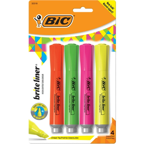 BIC Brite Liner Highlighter, Chisel Point, Assorted Colors, 4 Count