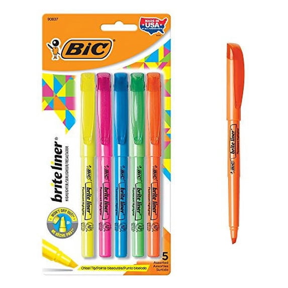BIC Brite Liner Highlighter, Chisel Tip, Assorted Colors, 5-Count, For Broad Highlighting or Fine Underlining