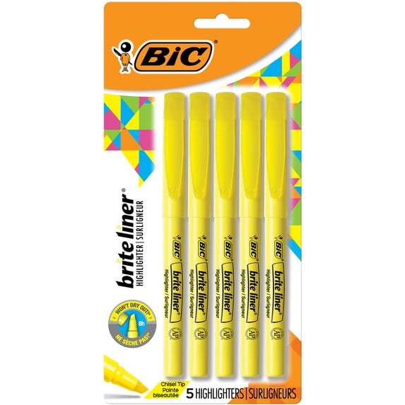 BIC Brite Liner Highlighter, Chisel Tip Pocket Highlighter, Yellow Highlighter, 5 Count