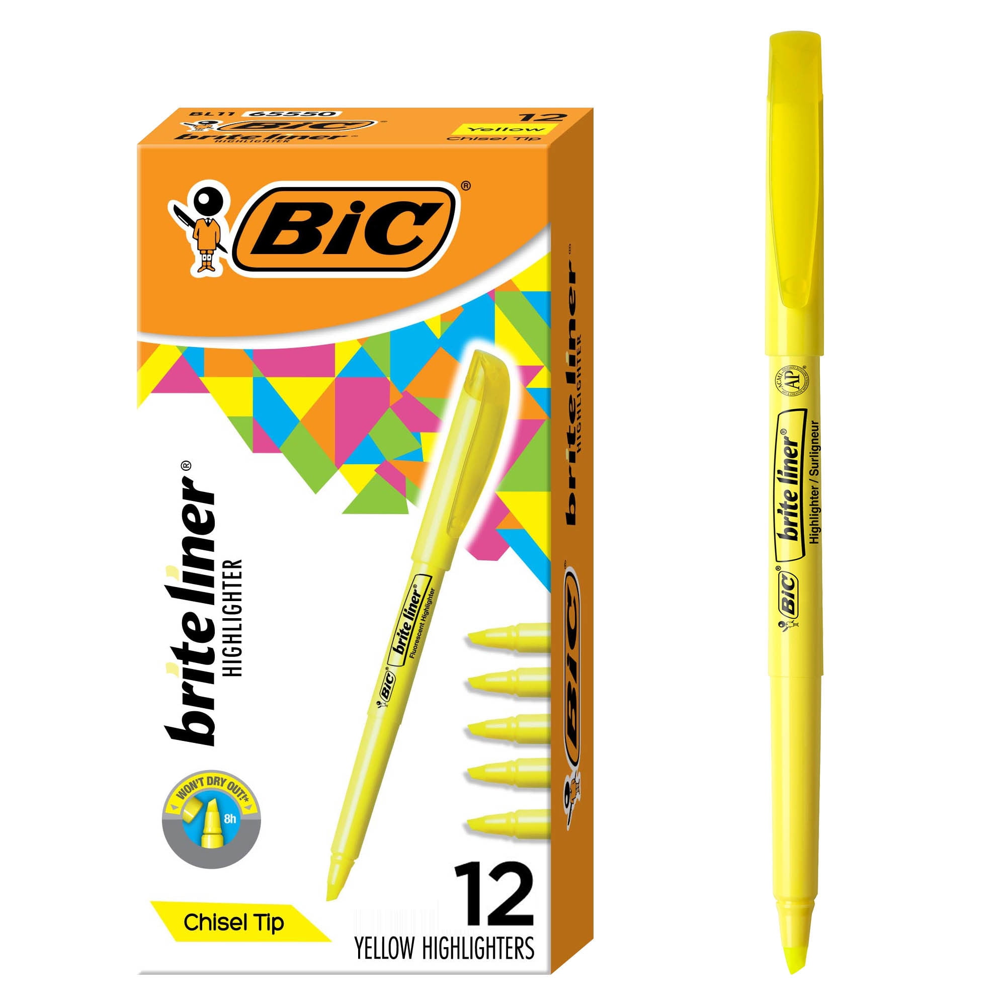  クッション　ハイライター　ゴールドラッシュ BIC, Brite Liner Yellow Highlighters, 12-Count, Chisel Tip