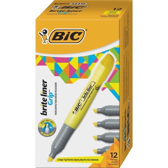 BIC Brite Liner Highlighter, Tank Style, Chisel Tip (1.6mm), For Broad Highlighting & Fine Underlining, 12-Count