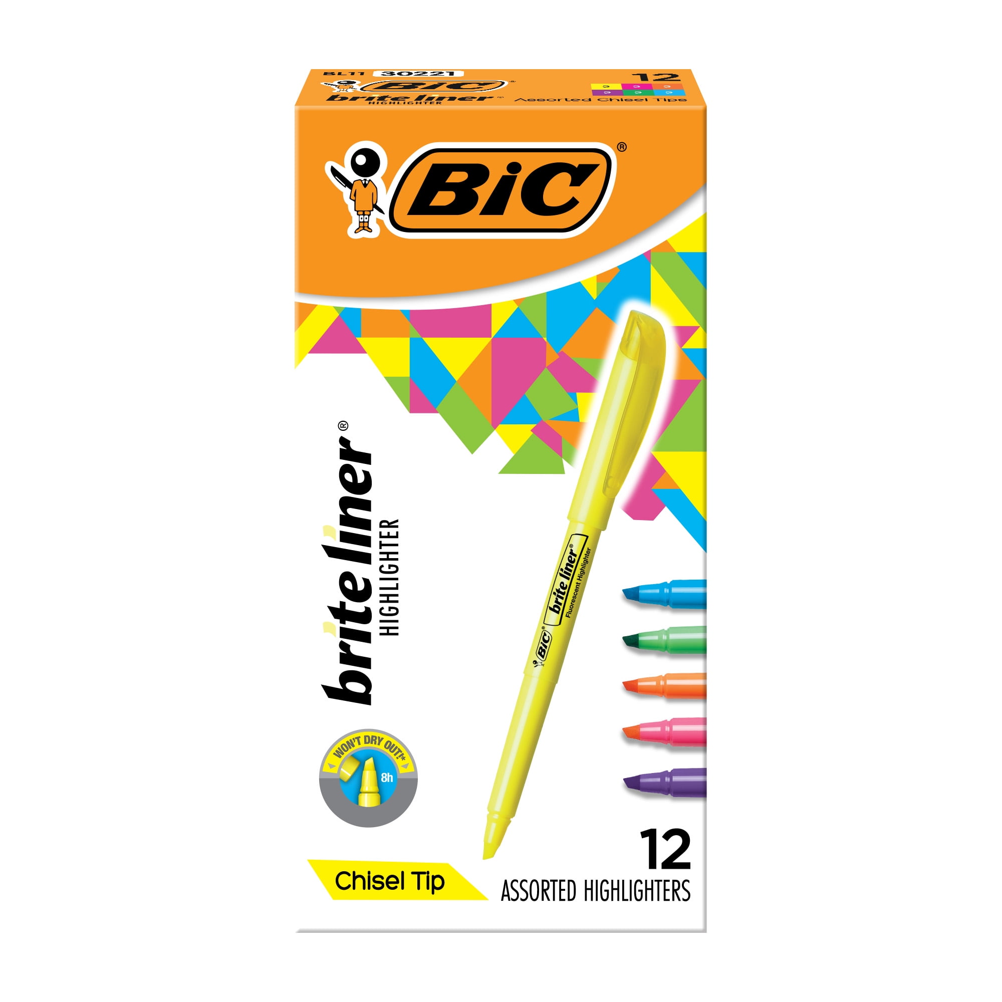 BIC Brite Liner Highlighters, Assorted Colors, Chisel Tip, 12-Count Pack