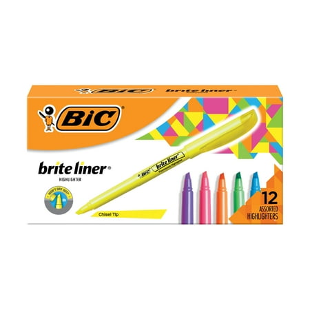 BIC Brite Liner Highlighters, Assorted Colors, Chisel Tip, 12-Count Pack