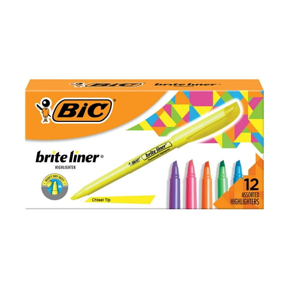 BIC Brite Liner Highlighters, Assorted Colors, Chisel Tip, 12-Count Pack