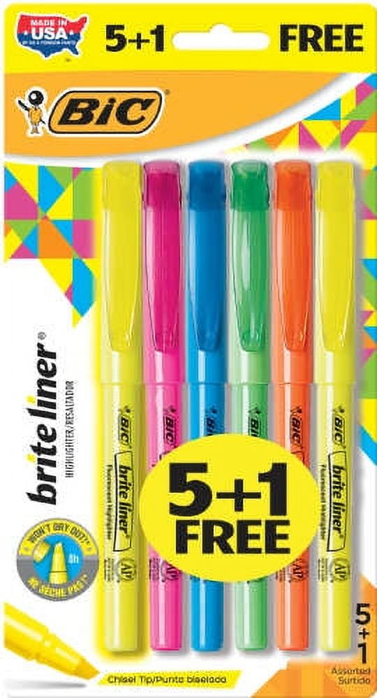 BIC Brite Liner Highlighters, Assorted Colors, 5 + 1 Pack