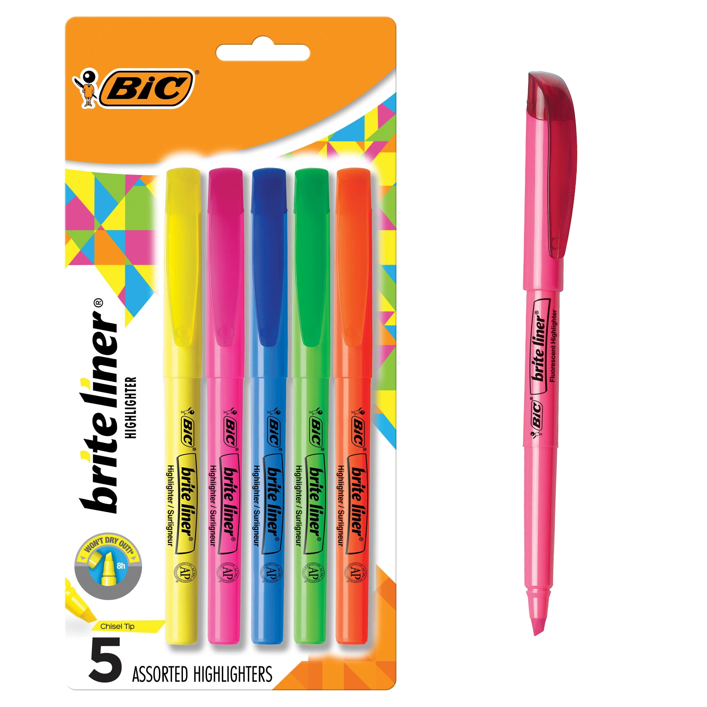 BIC Brite Liner Highlighter, Chisel Point, School Supplies, Assorted Colors, 5-Count