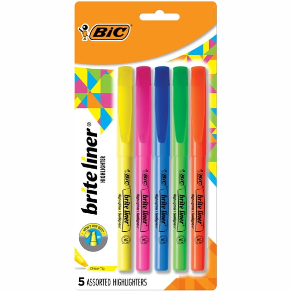 BIC Brite Liner Highlighters, Chisel Point, Assorted Colors, 5 Count
