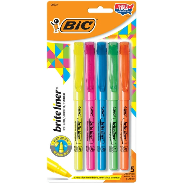 BIC Brite Liner Highlighters, Chisel Tip, Assorted Colors, 5 Count