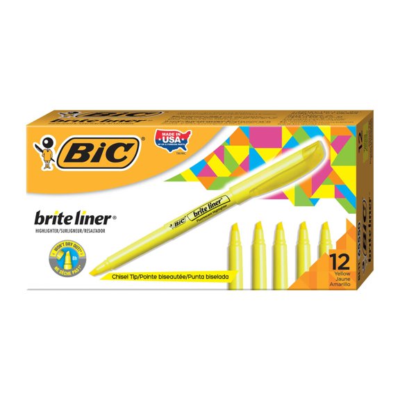 BIC Brite Liner Highlighters, Yellow, Box Of 12