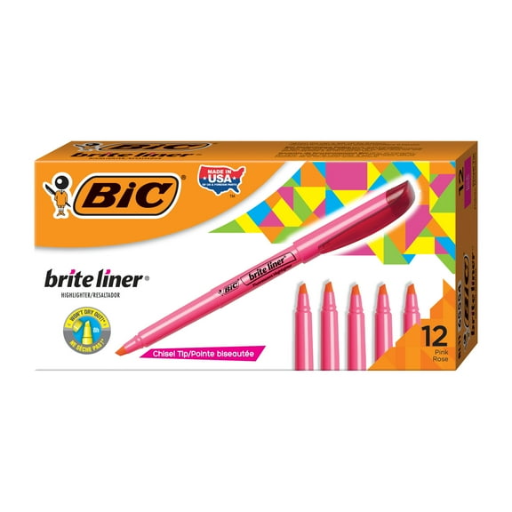 BIC Brite Liner Pink Highlighters, Chisel Tip, 12-Count Pack