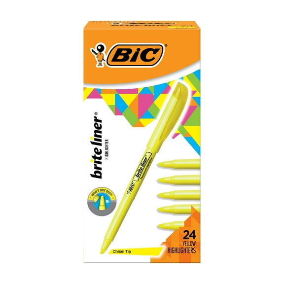 BIC Brite Liner Yellow Highlighter, Chisel Tip, Fluorescent Yellow Ink, 24 Count Yellow Highlighters