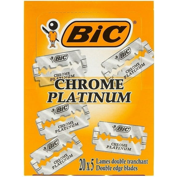 BIC Chrome Platinum Double Edge (DE) Shaving blades for Safety Razors - 100 Blades Pack