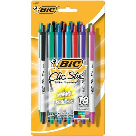 BIC Clic Stic Fashion Retractable Ballpoint Pens, Assorted Colors, 18 Count