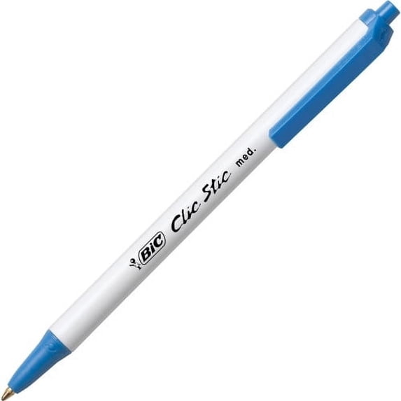 BIC Clic Stic Retractable Ballpoint Pens Medium Pen Point - Round Pen Point Style - Retractable - Blue - Clear Barrel - 12 / Dozen
