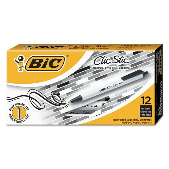 BIC Clic Stic Ballpoint Retractable Pen Medium - Black Ink, 12 Pack