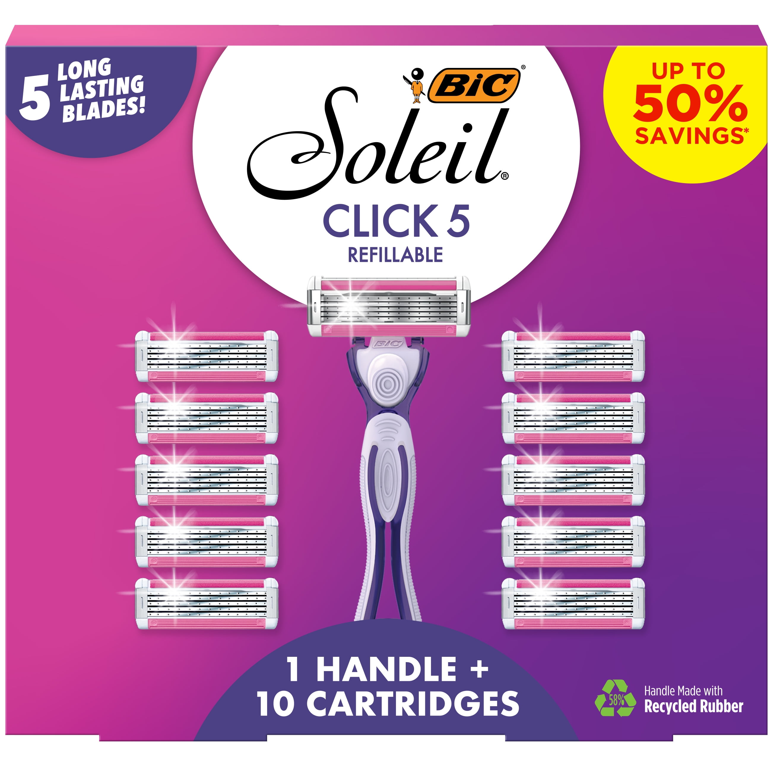 BIC Click 5 Soleil Women's Disposable Razors, 5 Blades With a Moisture Strip For a Smoother Shave, 1 Handle and 10 Cartridges, 11 Piece Razor Set
