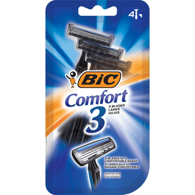 BIC Comfort 3 Disposable Men's Razor, 3 Blade Razor for a Comfortable Shave, 4-Count