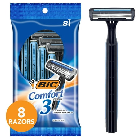 BIC Comfort 3 Disposable Men's Razor, 3 Blade Razor for a Comfortable Shave, 8-Count