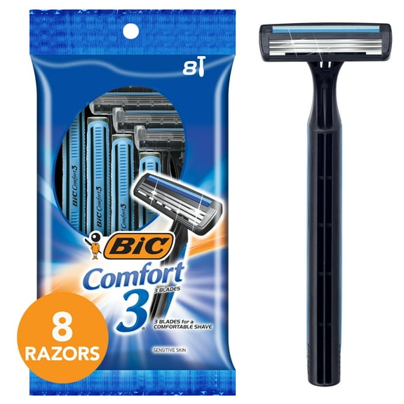 BIC Comfort 3 Disposable Men's Razor, 3 Blade Razor for a Comfortable Shave, 8-Count