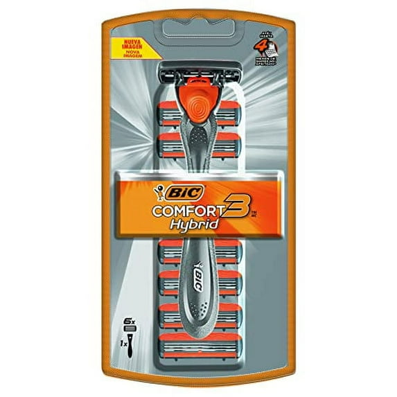 BIC Comfort 3 Hybrid Men's Disposable Razor, 3 Blades, 6 Cartridges and 1 Handle, Black, For a Close and Comfortable Shave (SH3KP6C-L-GRY)