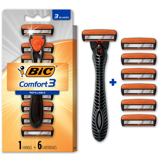 BIC Comfort 3 Hybrid Men's Disposable Razor, Sensitive Skin Razor, 1 Black Handle and 6 Cartridges